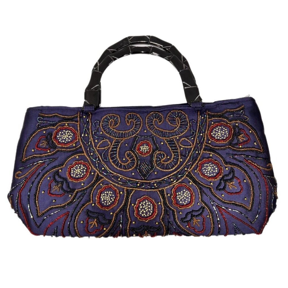 Blue Purple Beaded Purse Handbag Acrylic Bamboo style Handles Unbranded Zipper - Picture 6 of 14